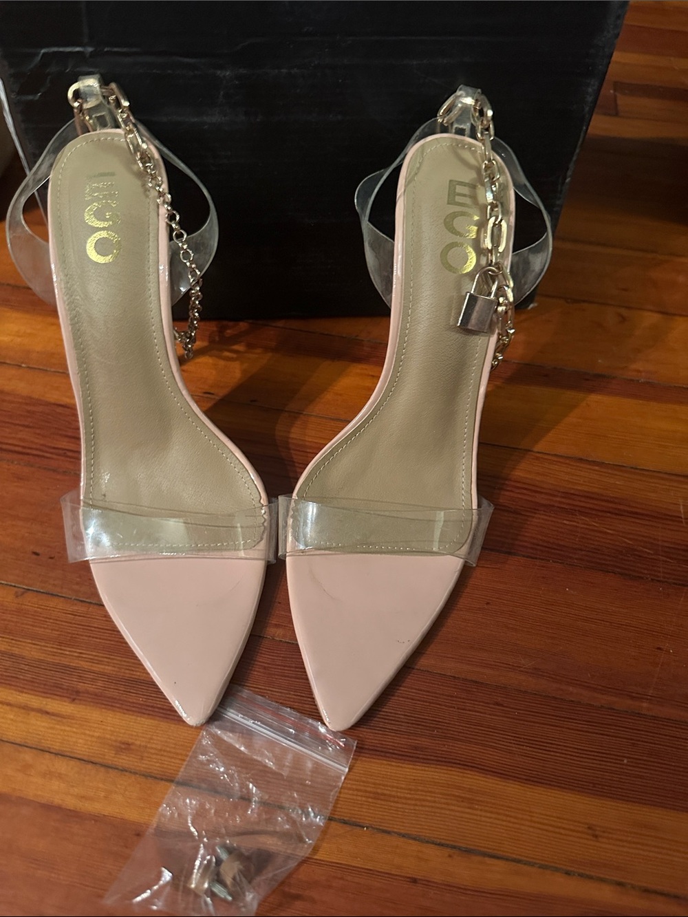 EGO Pink Pointed Toe Clear Strap Heels with Gold Chain Accent